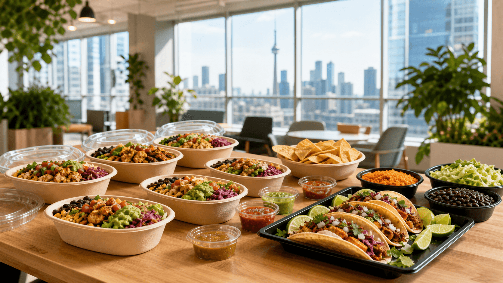 Packaged burrito bowls and taco tray set up for a Toronto office lunch